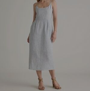 Quince - 100% European Linen Scoop Neck Midi Dress Blue Pinstripe